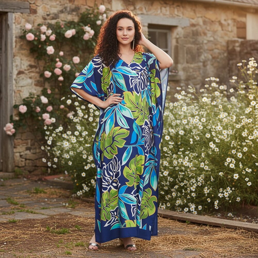 Gypsie Blu Women Plus Size Leaf Print Kaftan Maxi Dress for Beach Party Cover Up